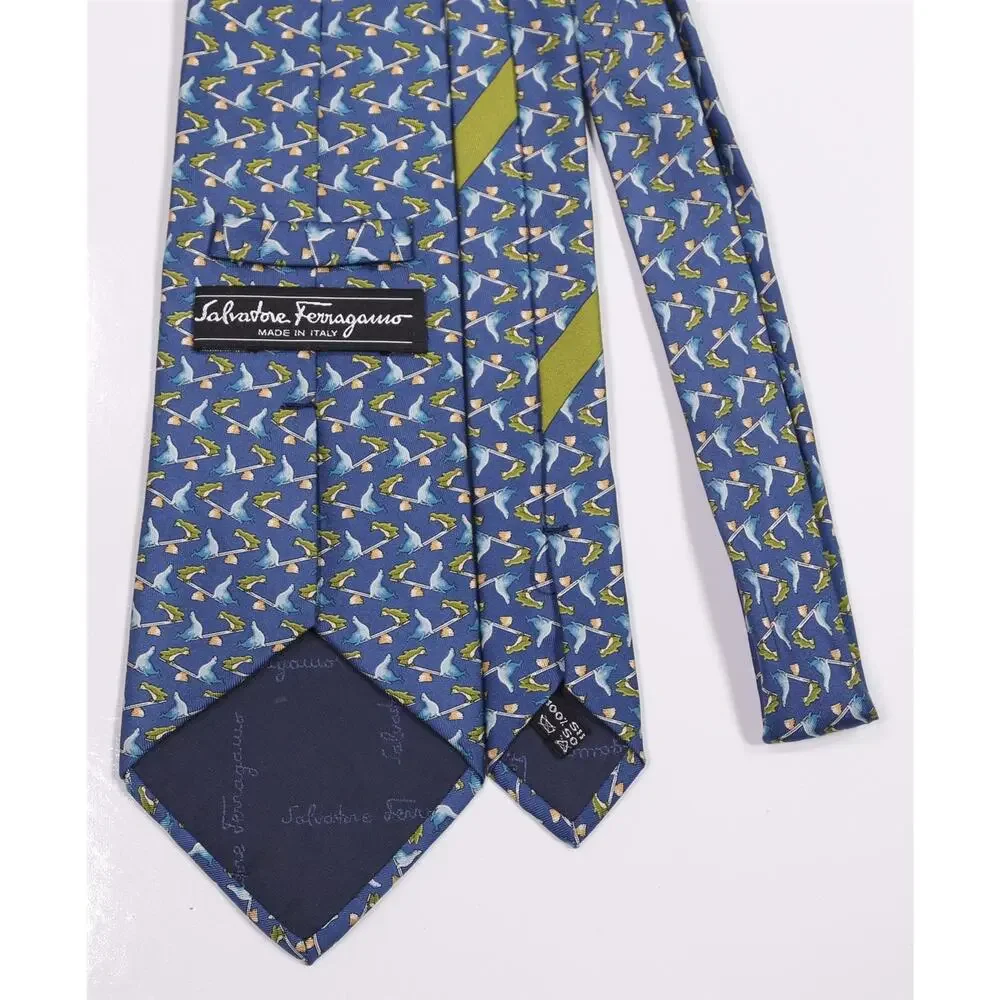 Salvatore Ferragamo Blue Seals Penguins on Seesaw Print Silk Necktie Tie